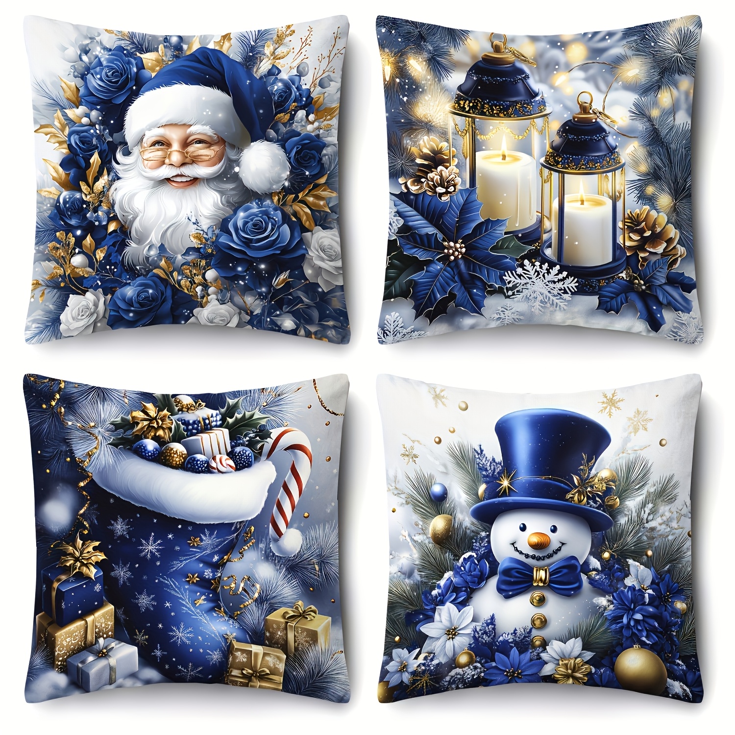 TEMU 4pcs Short Plush Throw Pillow Covers, Dark Blue Christmas Tree And Elk Pattern Double-sided Printed Cushion Cases, Super , 45x45cm, Decor For