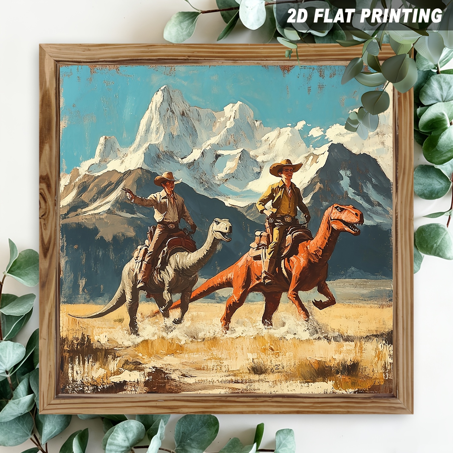 TEMU 2d Flat, 1pc Western Dinosaur Wall Decor - 2 Riding Dinosaurs Wooden Framed Sign, Vintage Suitable For,, Office, Hanging Plaque For Room,