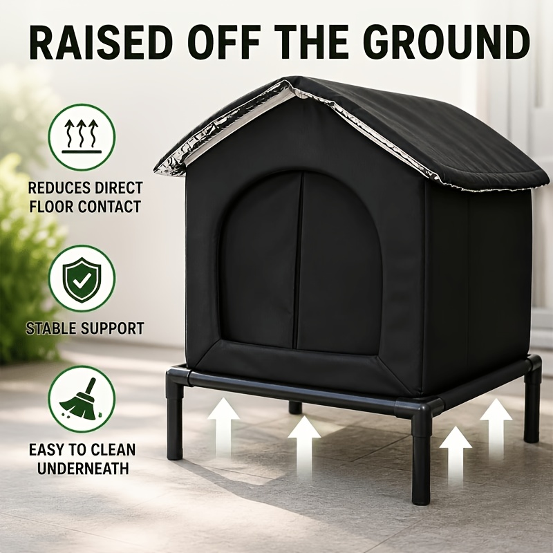 TEMU Niche Isolée sur Pied pour Animaux avec Support Haut, Abri Robuste en Tissu Oxford, Doublure Thermique Réfléchissante et Rideau de Porte