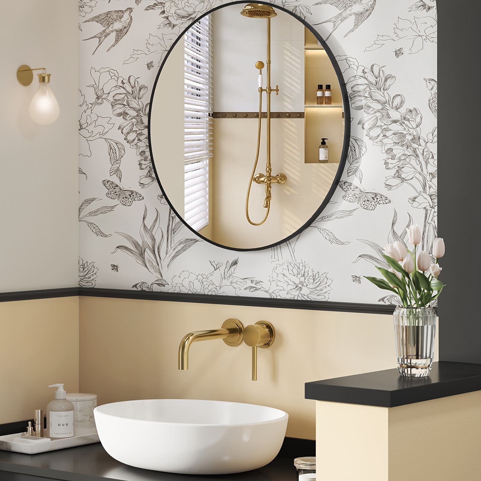 Image of 76cm Round Mirror, Round Mirror, Wall Mirror, Metal Frame, Easy Assembly, Modern, For Bathroom, Living Room, Bedroom, Hallway, Entrance Area, Ink Black