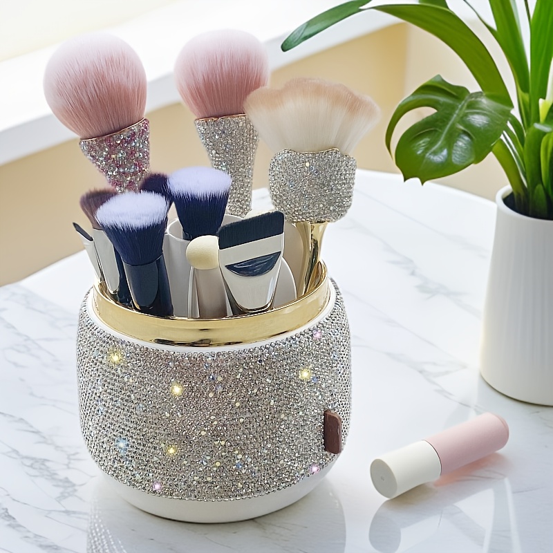 1pc elegant round rotating makeup brush holder with sparkling   design dustproof cosmetic lipstick organizer freestanding plastic storage box with lid for vanity display makeup brush holder for bathroo Product details 1