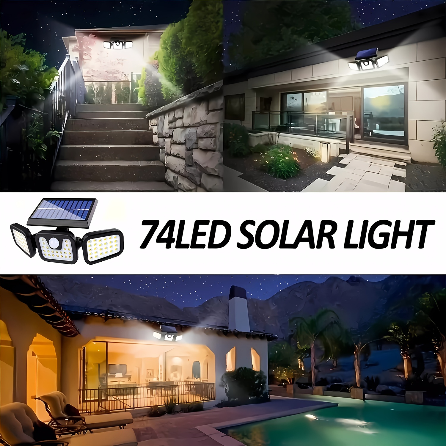 74 led solar security lights with motion sensor 3 brightness outdoor wall lights for front door yard garage sidewalk pathway solar powered design Product details 0
