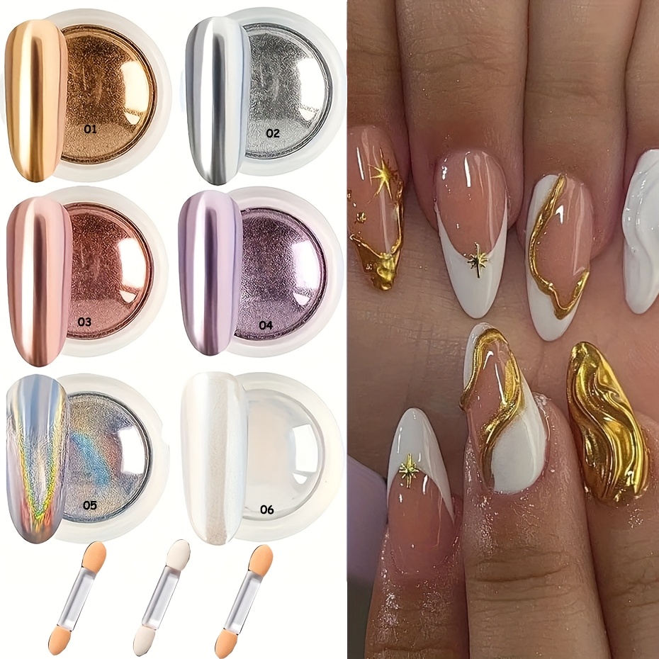 Image of 6 Colors Holographic Chrome Effect For Nail Powder For Nail Powder Set Aurora Iridescent Dust Laser Shiny For Nail Glitter Powder With Magic Golden Silvery For Nail Art