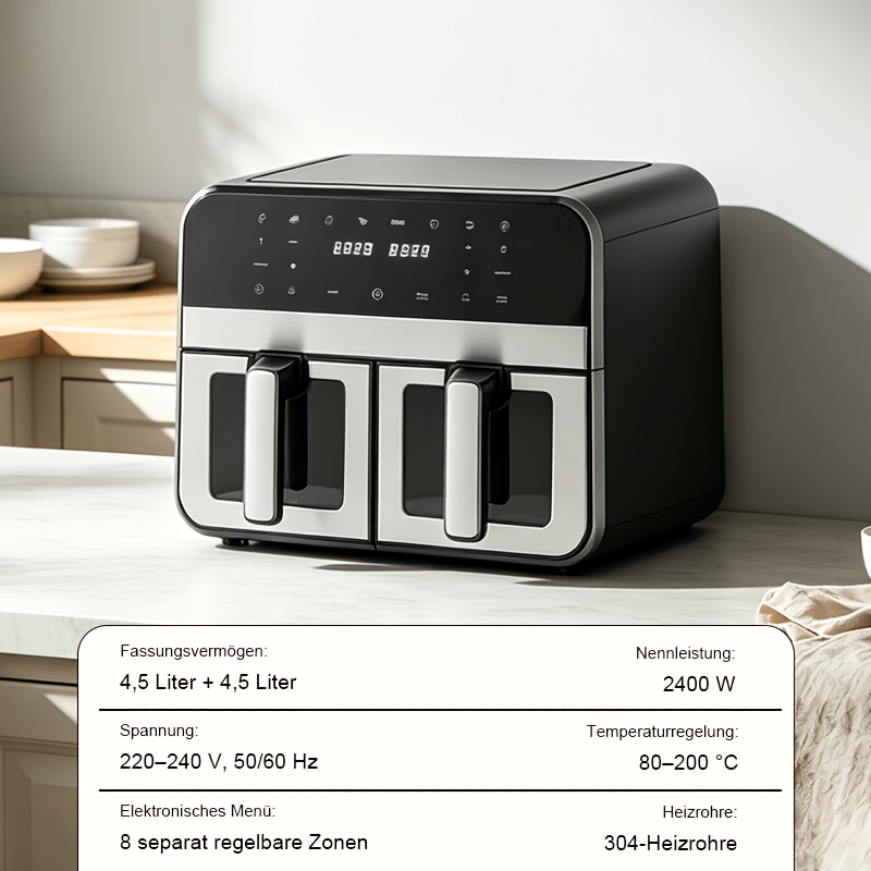 TEMU Friteuse à air à double panier 4.5L+4.5L 2400W 8 zones de cuisson Tube de chauffage en acier inoxydable 304 huile