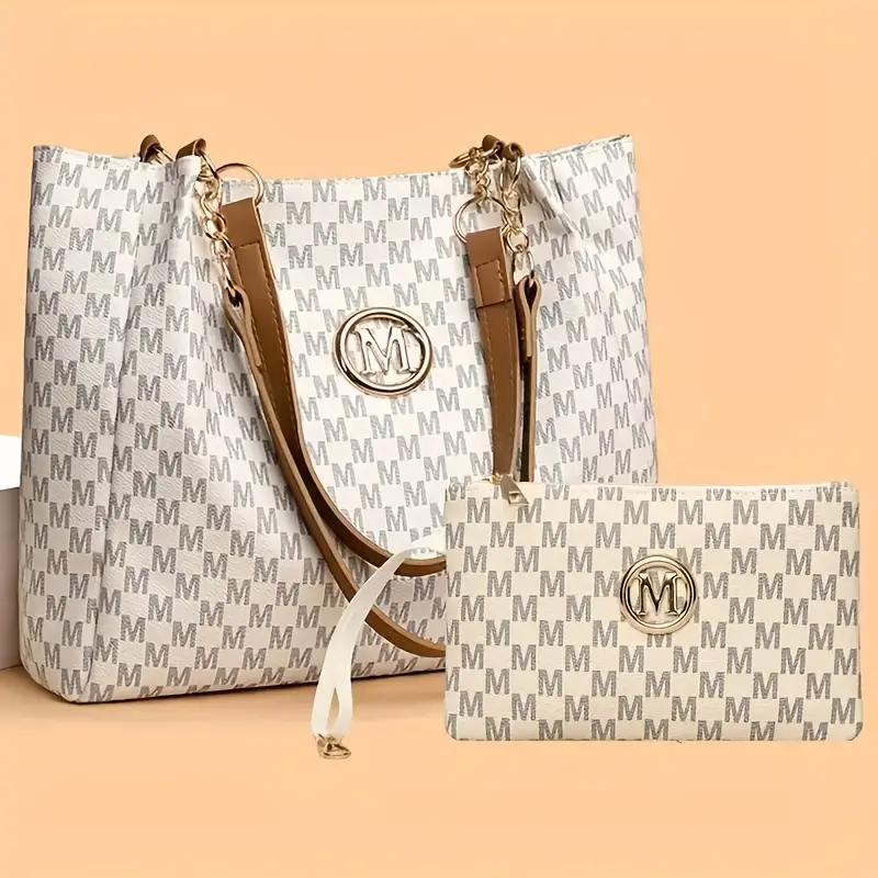 2pcs womens vintage shoulder bag set large capacity tote bag with fixed shoulder strap synthetic zipper closure polyester lining lightweight random print design daily commuting and carrying cell phones details 4