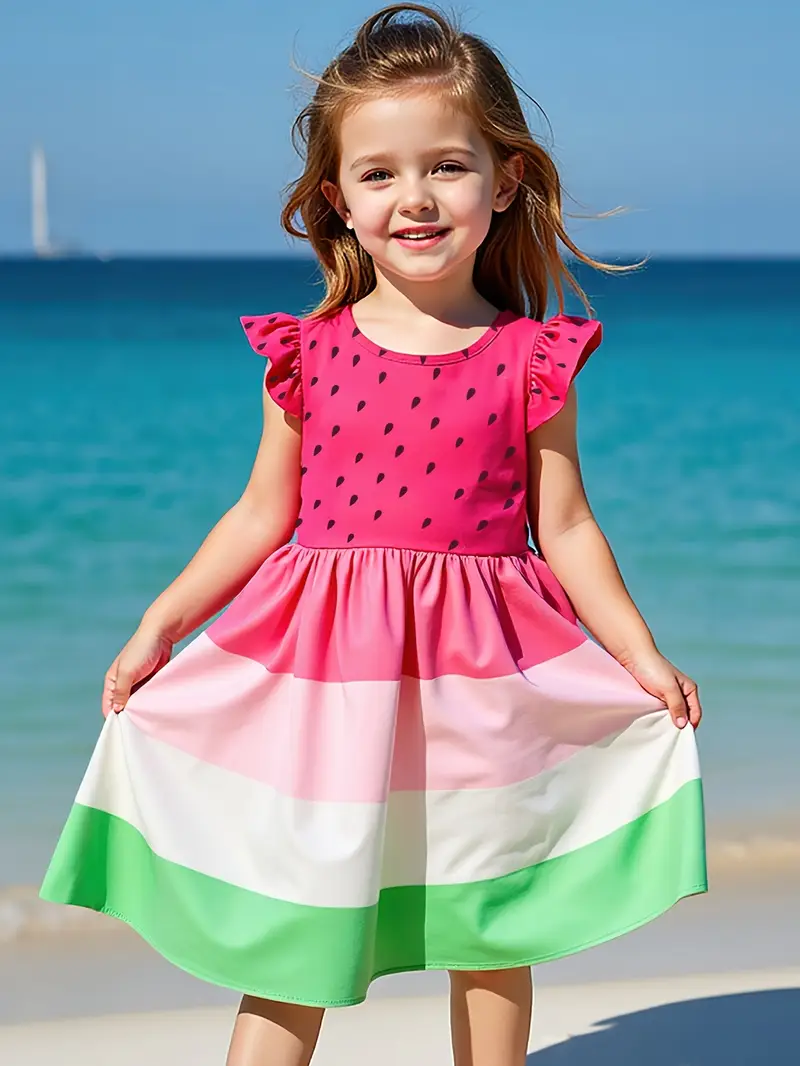 Elegant Summer Dress for Young Girls Cute Watermelon Print Sleeves, Color with Pink, White, and Green, Elastic Waist Beach and Casual Beach