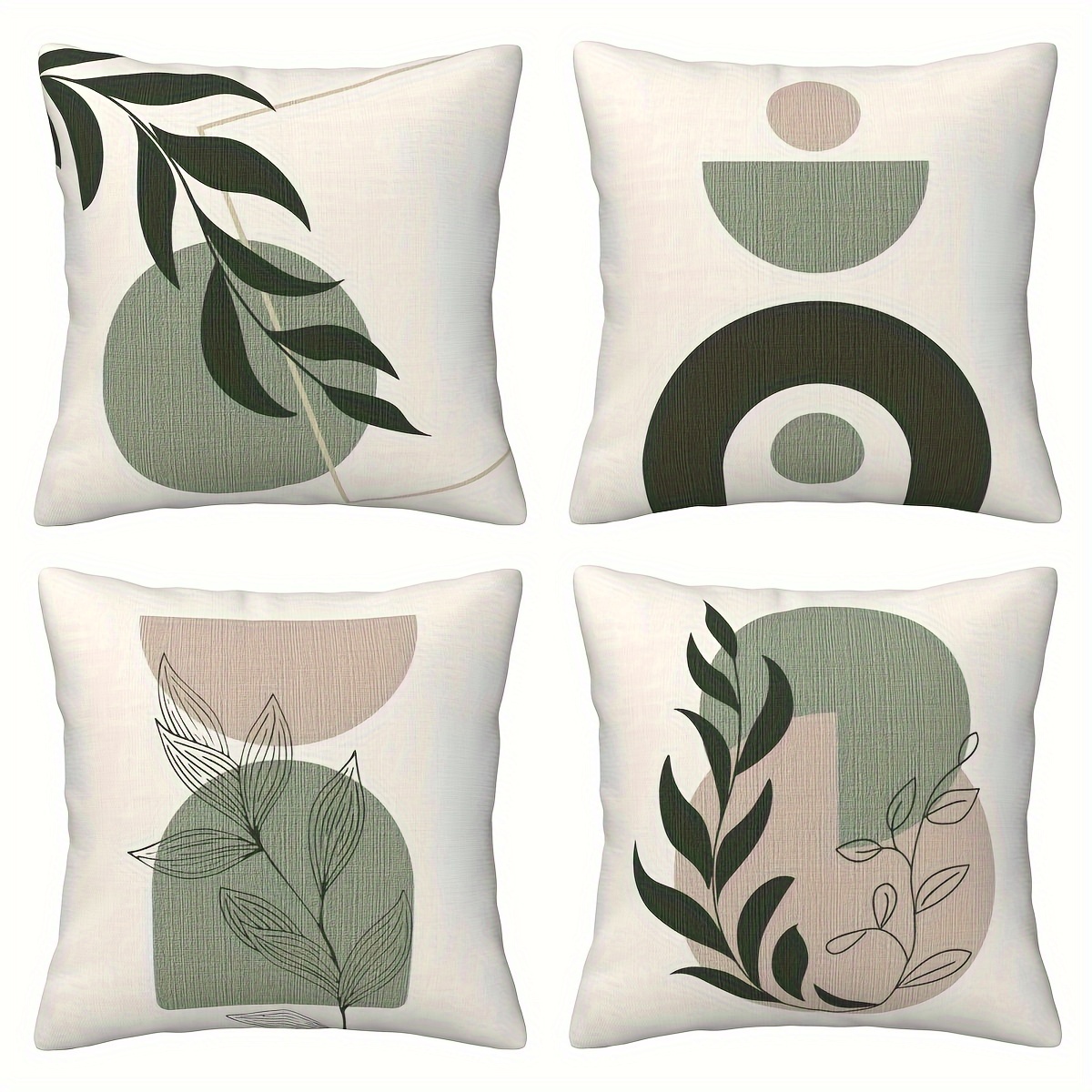 

4pcs Boho Chic Throw Pillow Covers Set - Abstract Leaf & , Green , Zippered Cushion Cases For Modern Home Decor, Machine Washable, No Insert