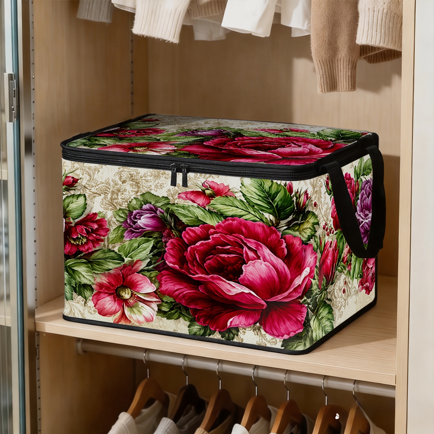TEMU 1pc Retro Rose Print Large Capacity Storage Box Home Clothing And Bedding Organizer Fabric Storage Box, Under-bed Storage
