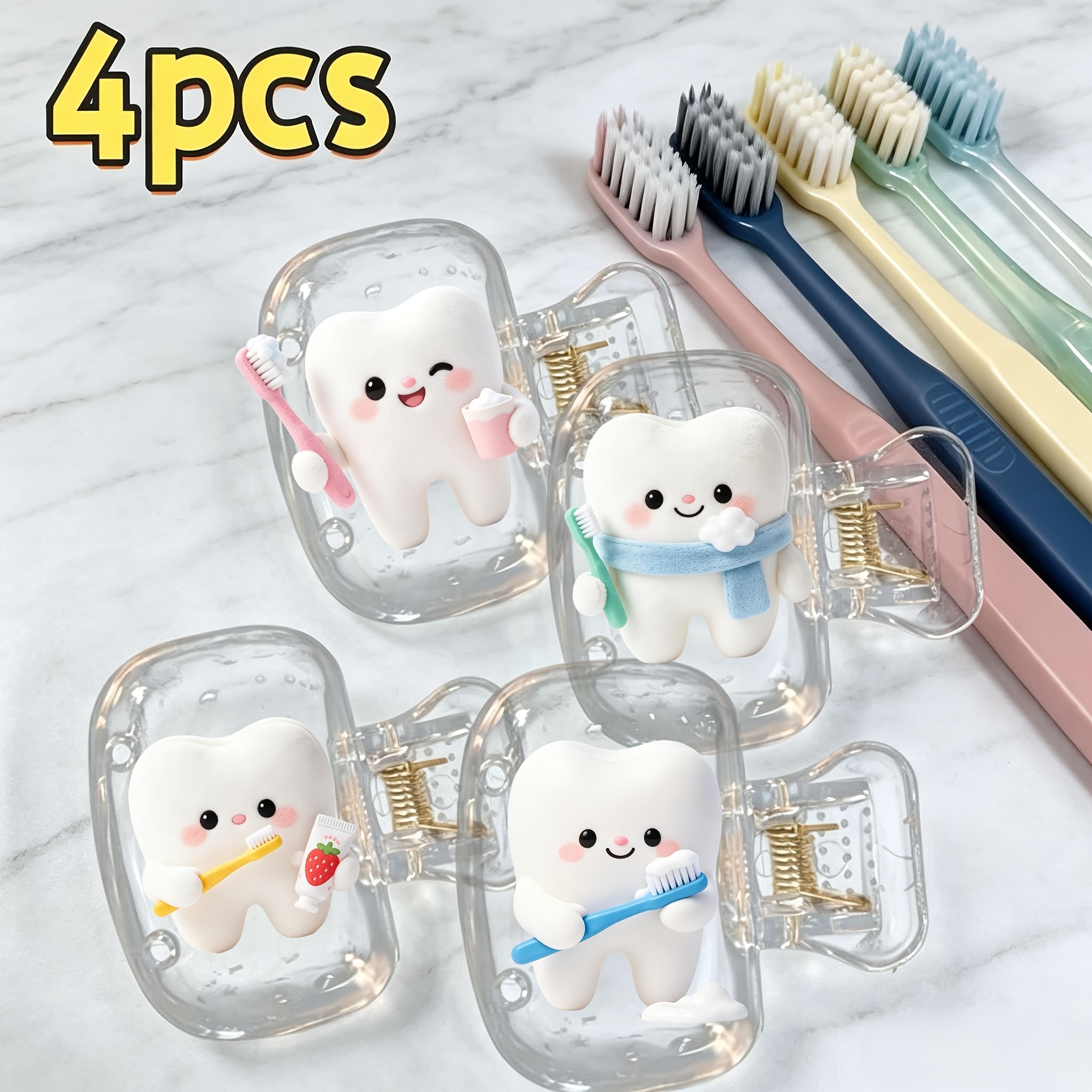 TEMU 4pcs Cute Toothbrush Covers With Tooth Holding Toothbrush Pattern - Suitable For Travel Sets Of Sizes, With Ventilation Holes To Keep Toothbrush