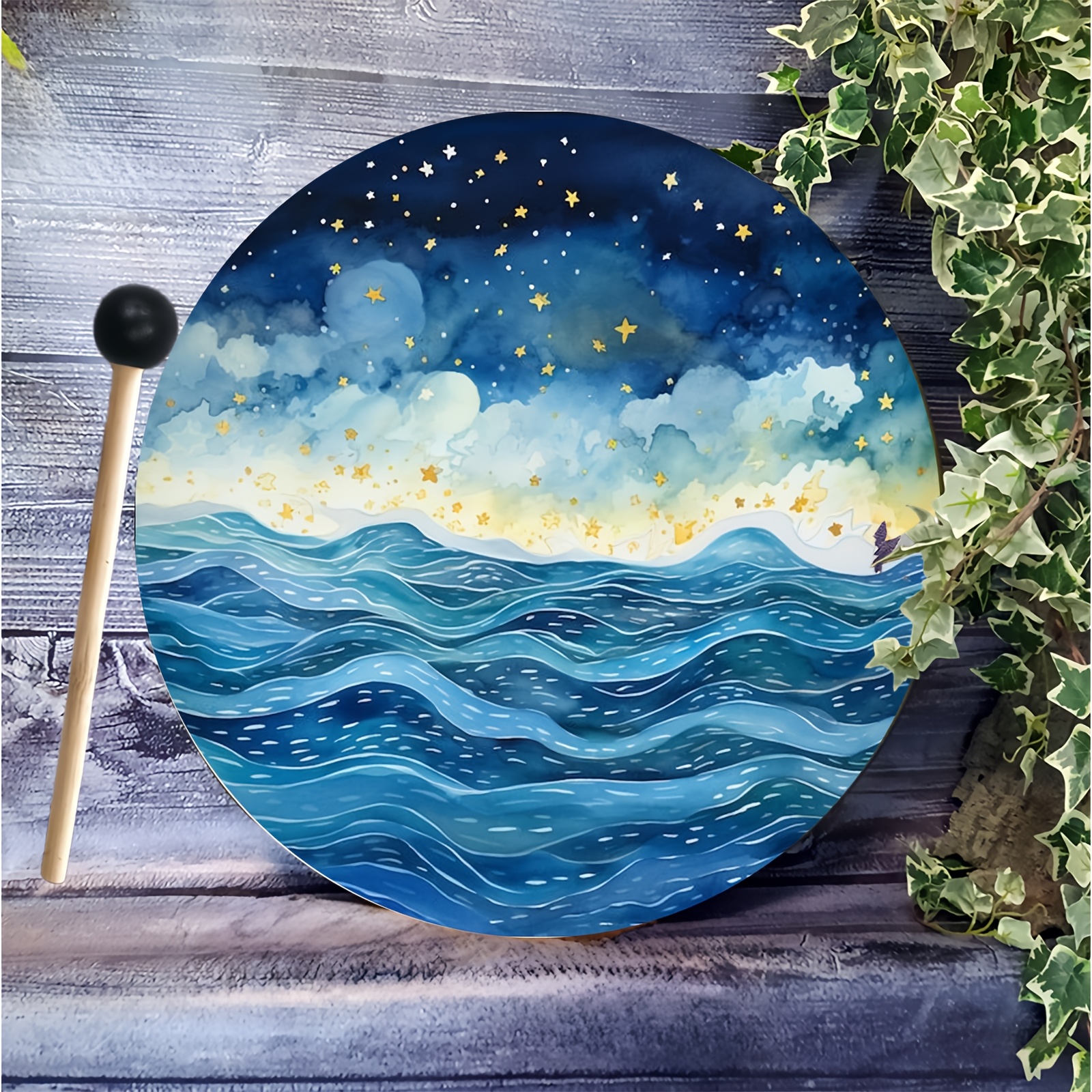 sternennacht meereswelle handtrommel 10 | handgefertigtes baum des lebens design | percussion-instrument mit schlägel |   für  , yoga achtsamkeit | einzigartiges ozean-sternenhimmel kunstwerk für wohlbefinden wohnaccessoires