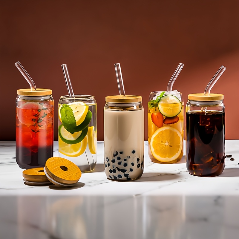 6 pack 550ml 18 6oz glass cups 6 bamboo lids 6 straws mason - Temu