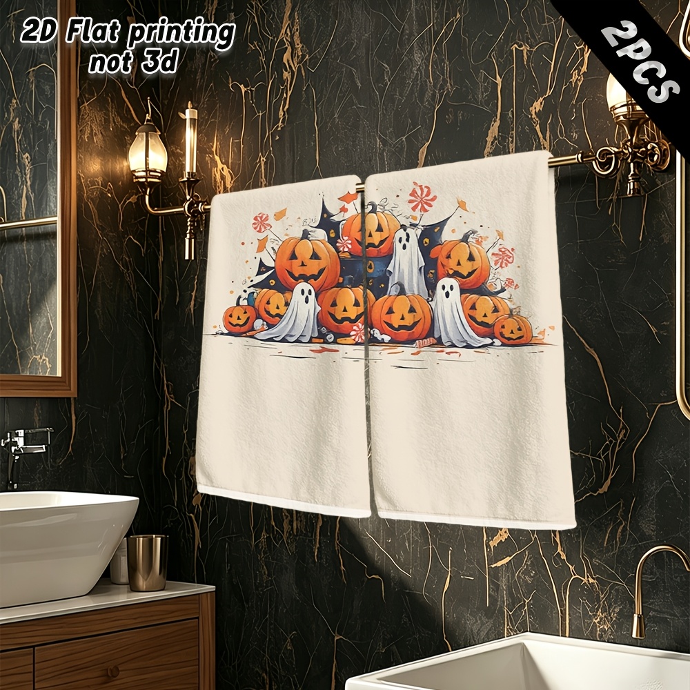 2pcs cute halloween pumpkin and ghost themed exquisite patterned hand towels soft microfiber fashionable casual soft and   quick drying suitable for bathroom toilet kitchen etc wedding favors holiday   and parties