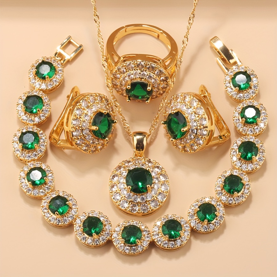 elegant womens classic vintage fashion jewelry set 18k gold plated round earrings necklace pendant ring and adjustable bracelet multicolor options suitable for christmas halloween thanksgiving valentines day birthday great gift  