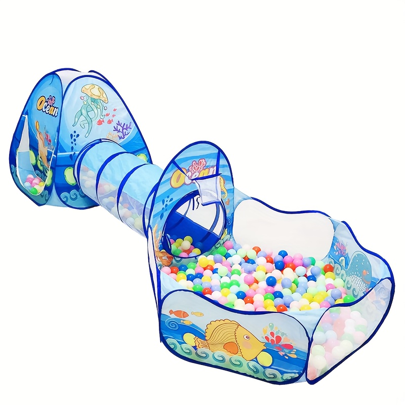 Image of Toy Ball Pit Tunnel Castle Play Tent Extra Large Indoor Outdoor Playhouse For Kids No , Folds For Oversized Blue Ocean-themed 3-in-1 Playhouse Or Birthday Gift For Boys And Girls