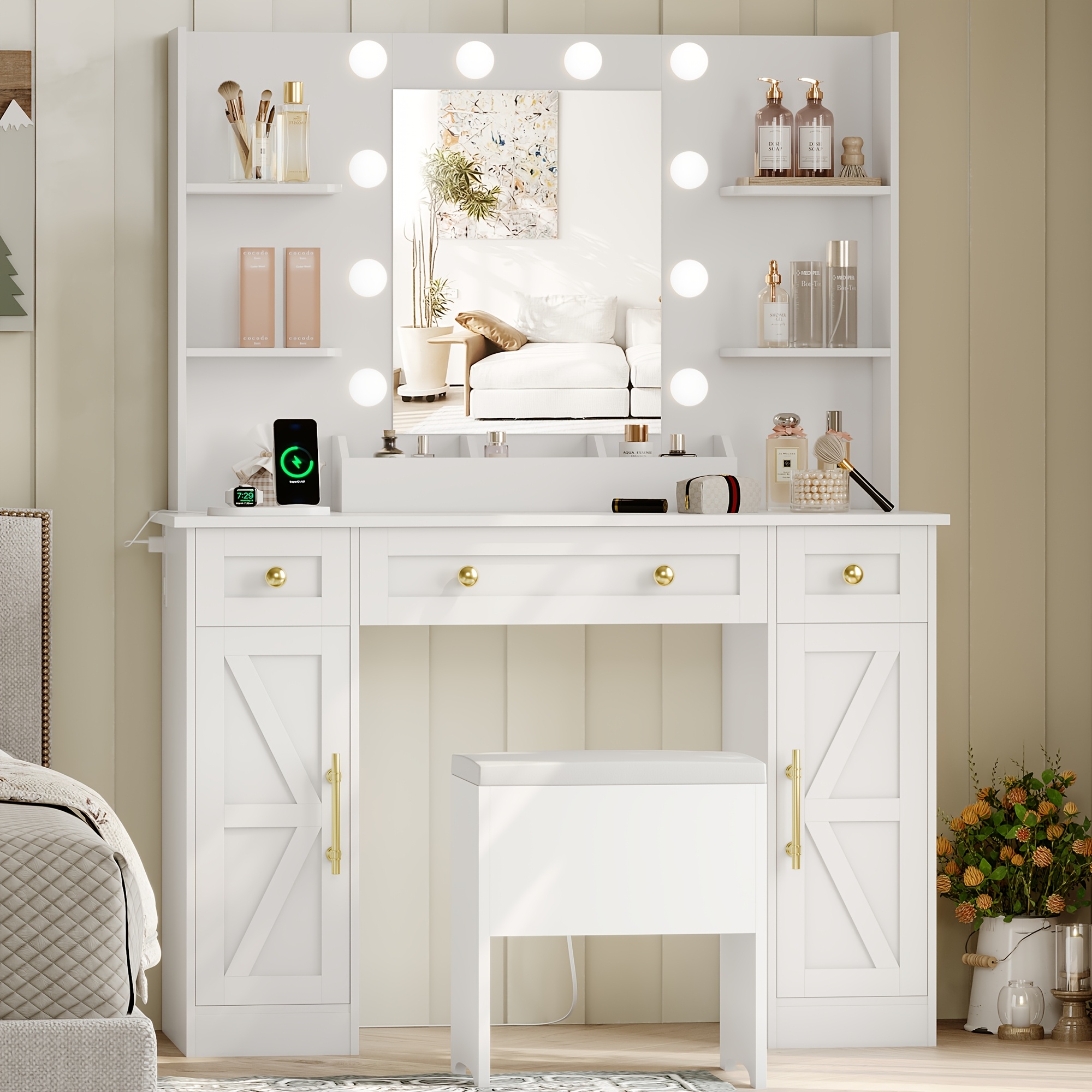 Vanity Desk with LED Lights and Power Outlet Makeup Vanity Table with  Drawers and Storage Shelves Dressing Table for Bedroom Dressing Room