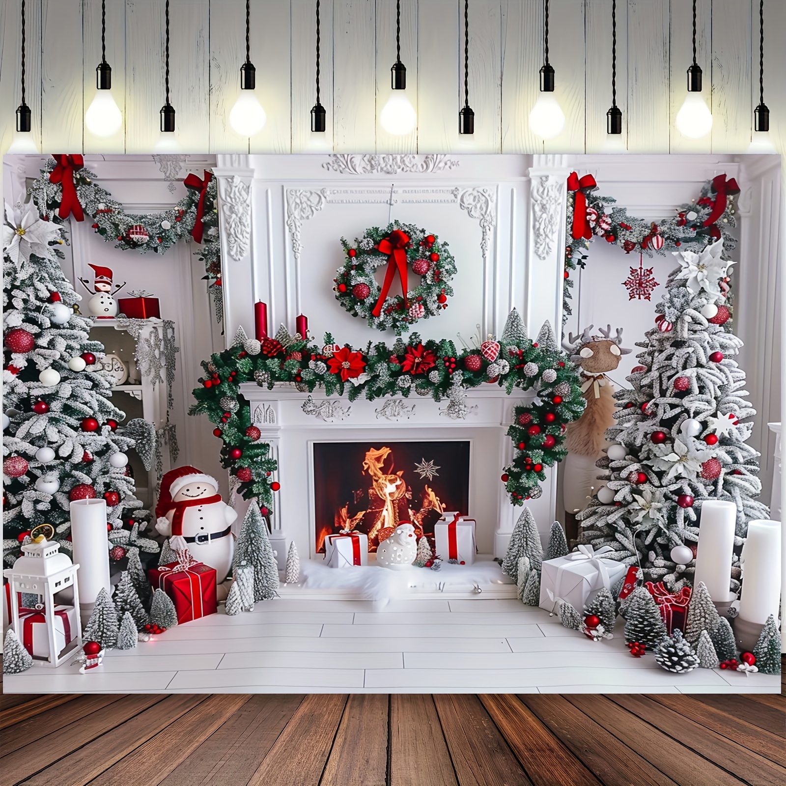 

Festive White Christmas Fireplace Photo Backdrop - 90.8" X 70.8" - Multi-purpose Party Decoration - No Power Required