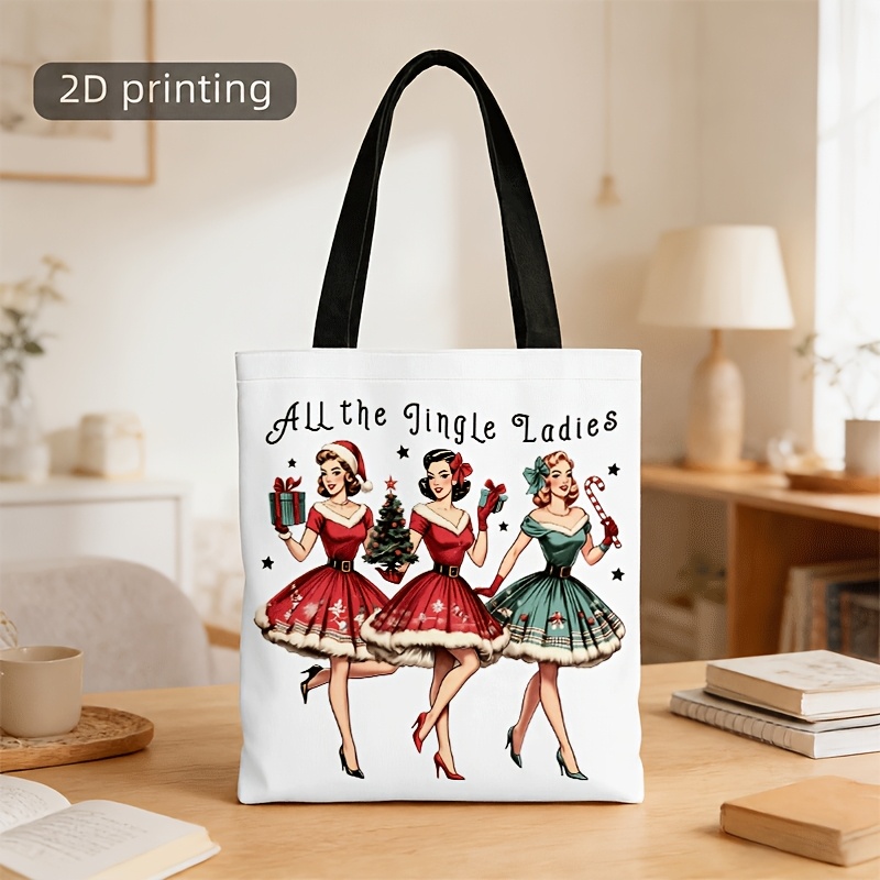 TEMU Men' & Women' Vintage Christmas Ladies Print Tote Crossbody Bag - Unisex Shoulder Bag With Strap, Machine Washable Suitable For Daily Use,,,