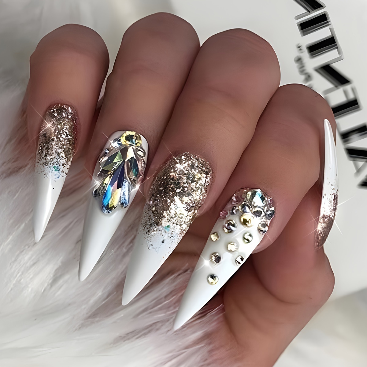 

24pcs/set Long Fake Nails 3d Water Drop Shape Aurora Decorated Fake Nails Golden Glitter False Nail Set Comes With 1 Nail File , Suitable For Women Girls