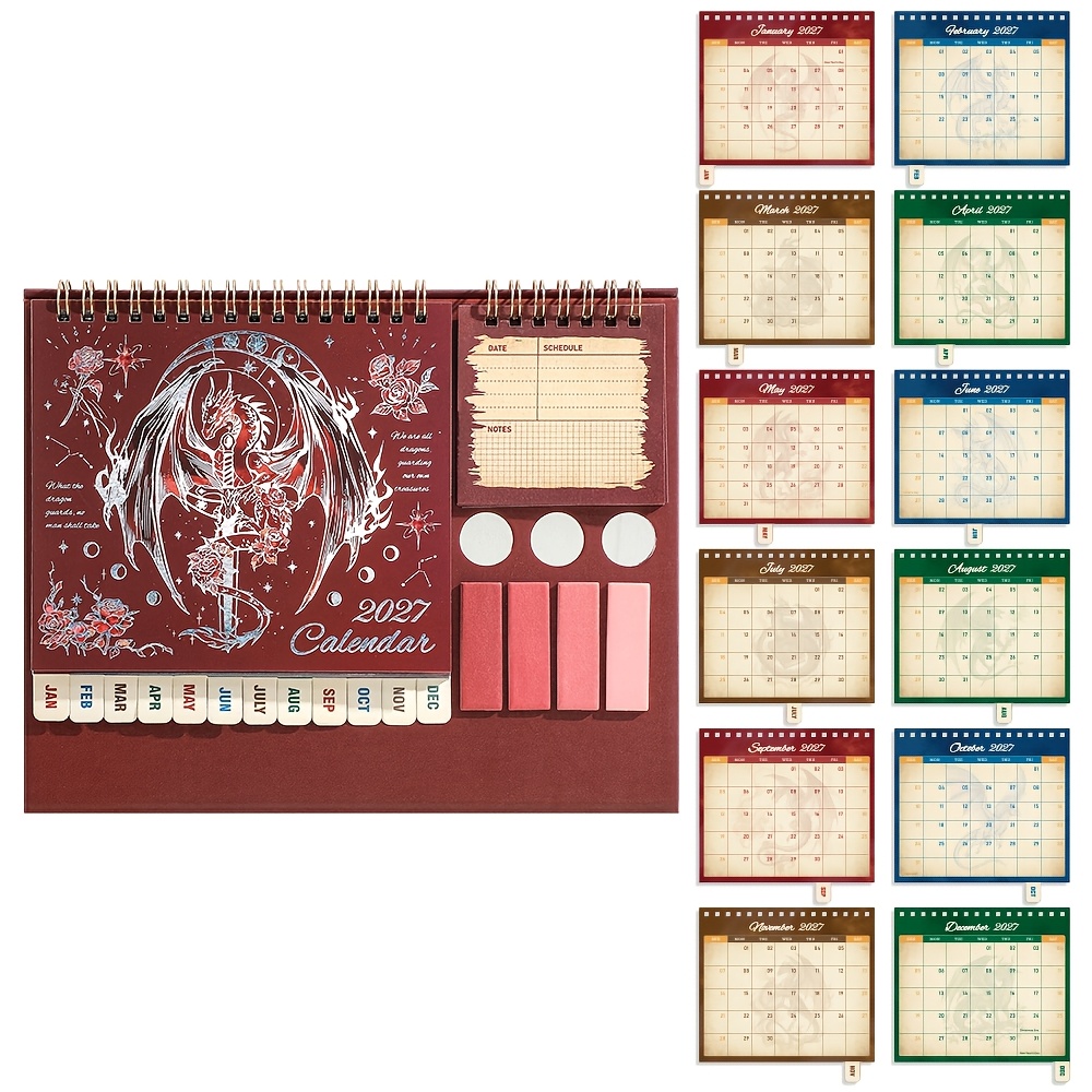 Image of 2027 Multifunctional Desk Calendar Dragon Cover, Front Calendar & Back , With Sticky Notes, Labels, Pen Holder For Home, Office & School, -one Daily Monthly Organizer