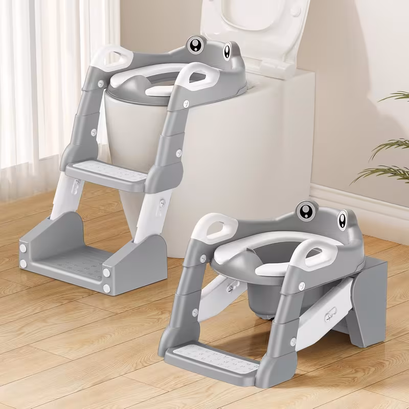 Frog Style 2-in-1 Toddler Toilet Training Seat with Step Stool - Splash Proof, Anti-Slip, Gray