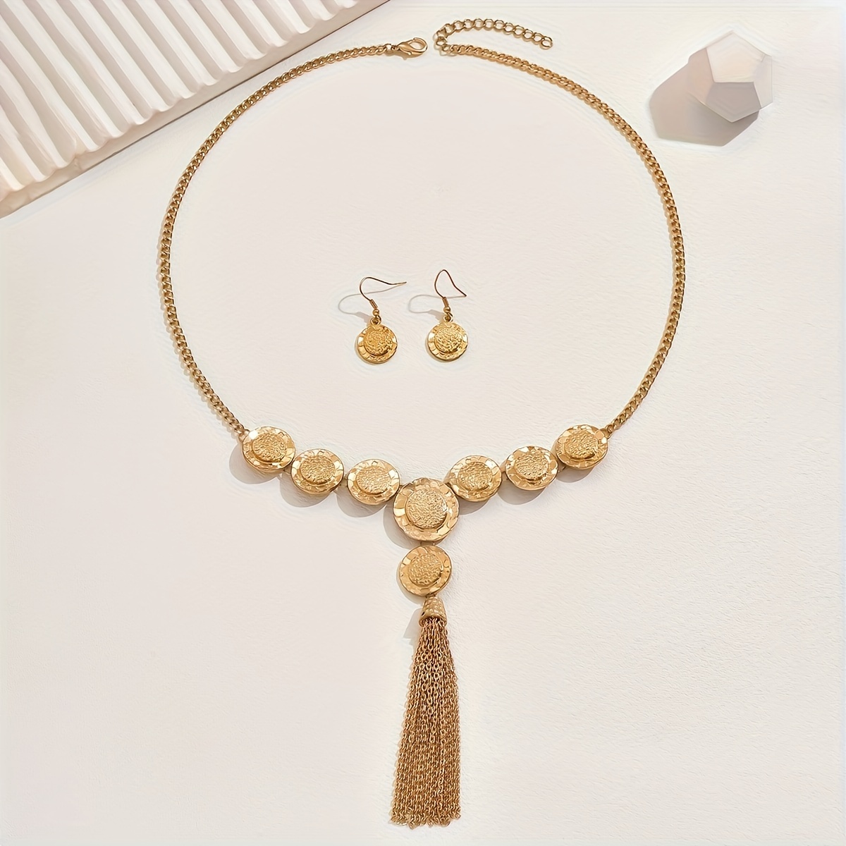 Vintage Hammered Geometric Y Necklace and Earrings Set
