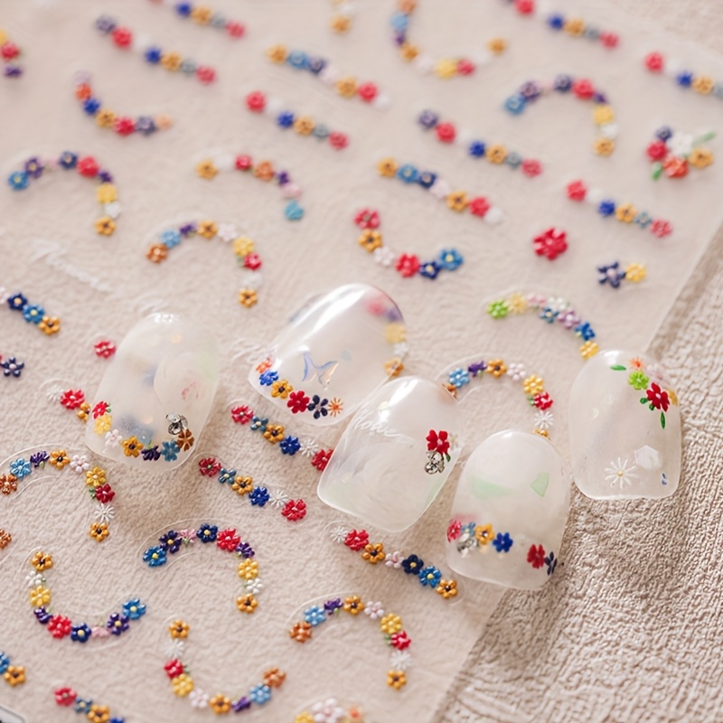 Simple Cute Small Floral Nail Stickers 5d Embossed Colorful Cartoon Nail Decals Diy
