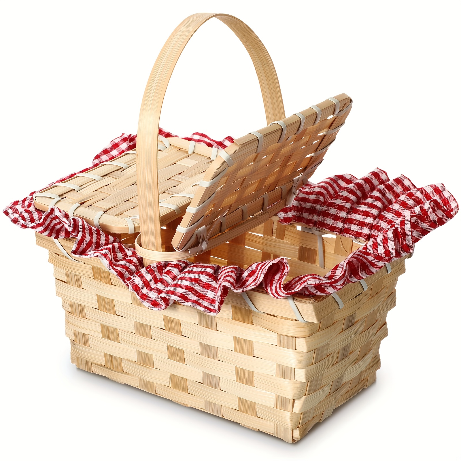 a small checkered picnic basket     including role playing additions like a hooded cape makeup and ball attire in red and white non food direct contact