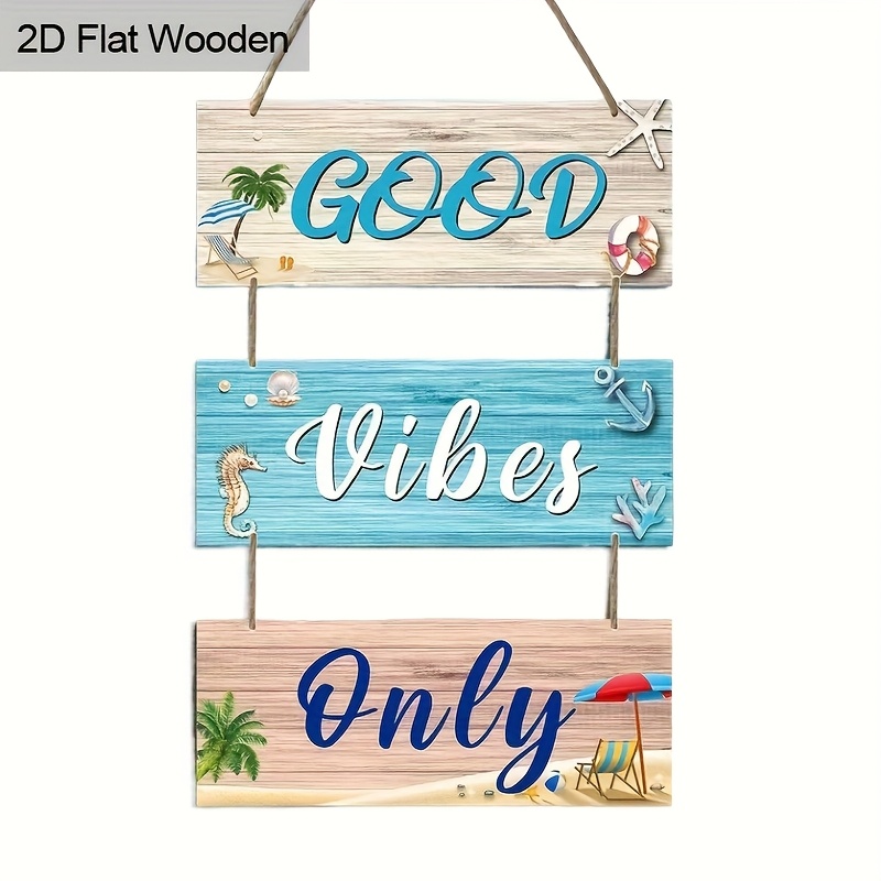 E-shop 2D Flach 3-teiliges/Set Sommer Gute Vibes Blaue Ozean Seepferdchen Muschel Seestern Muster Holz Veranda Hängendes Druck Schild Malerei Outdoor