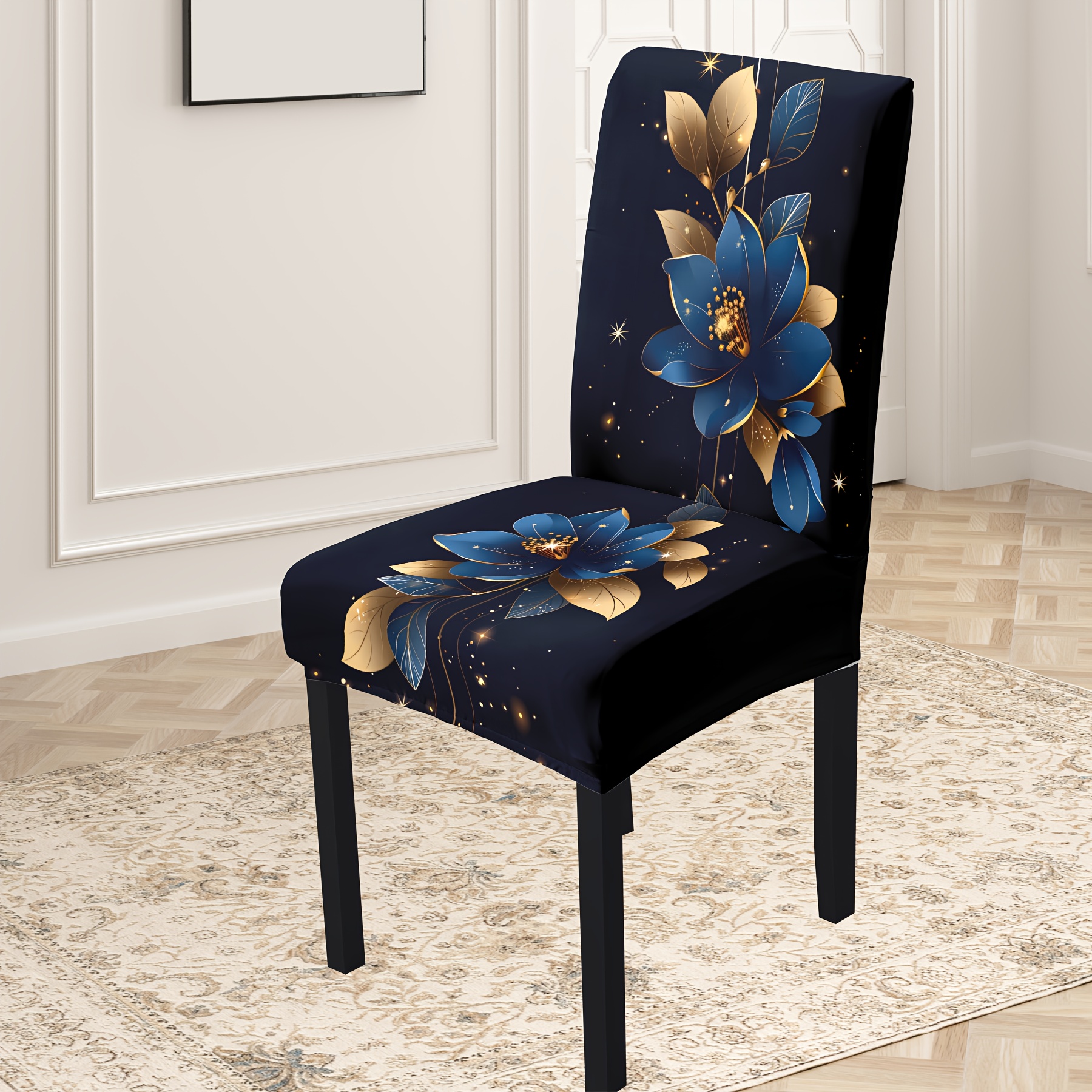 

Classic Design Chair Cover With Elastic Fabric, Machine Washable, 4/6 Pieces, Blue Floral Pattern, Suitable For Home, Kitchen, Hotel, Restaurant Chairs Decoration