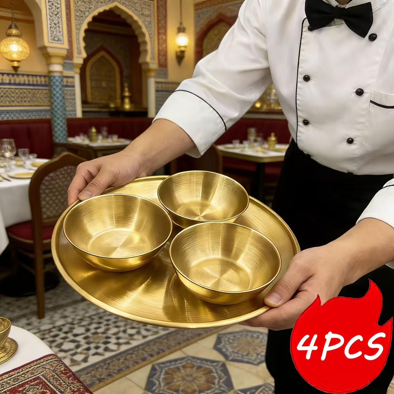 TEMU 4pcs Stainless Steel Sauce Bowls And Trays, Including 1pc 7.99-inch Plate And 3pcs 3.23-inch Condiment Dishes, Elegant Modern Serving Utensils