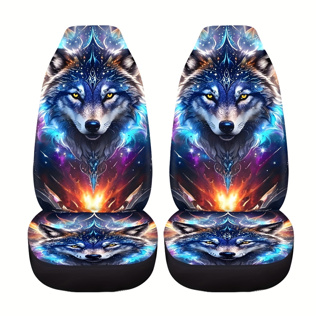 2pcs Wolf Print Car Seat Covers, Front Seat Protectors For Small To Medium Cars And Suvs