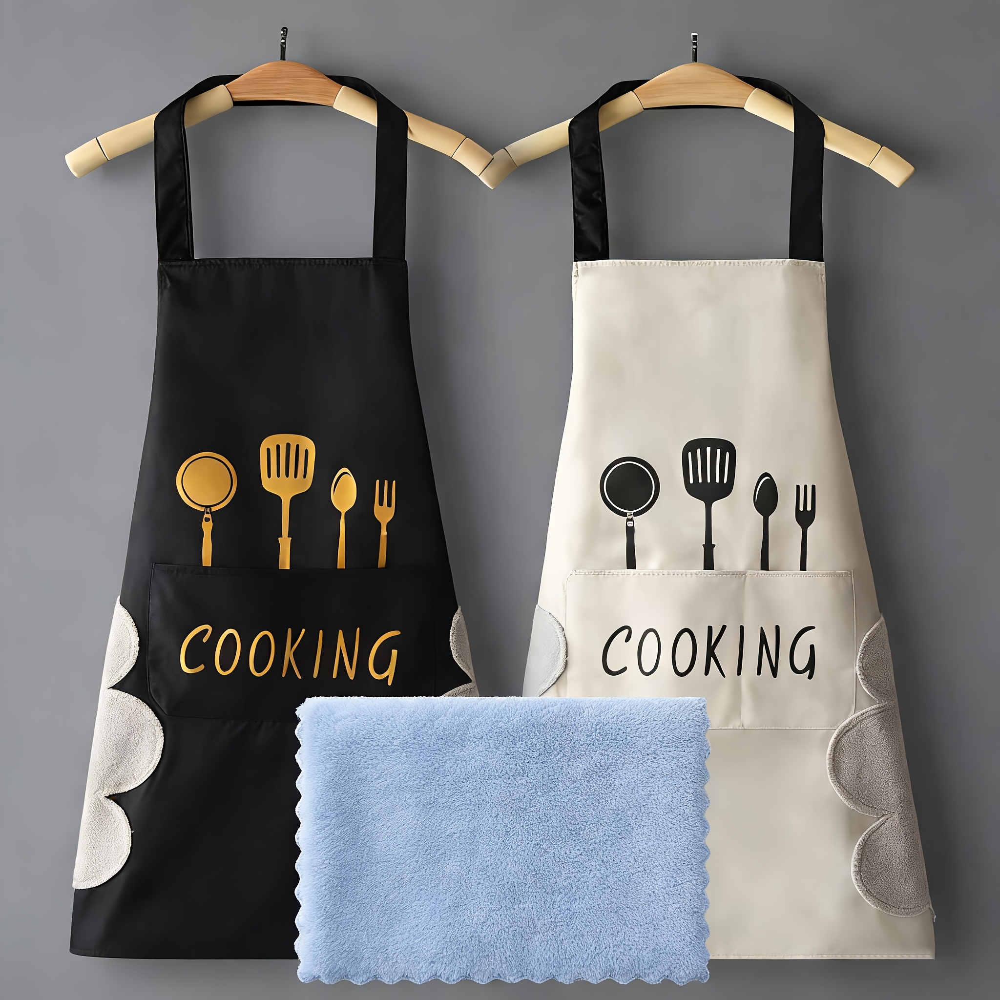 TEMU 3pcs Apron Set + Cleaning Cloth. With Pockets, Water And, Adjustable Anti-slip Chef's Apron Suitable For Cooking, Baking, Gardening, Painting -