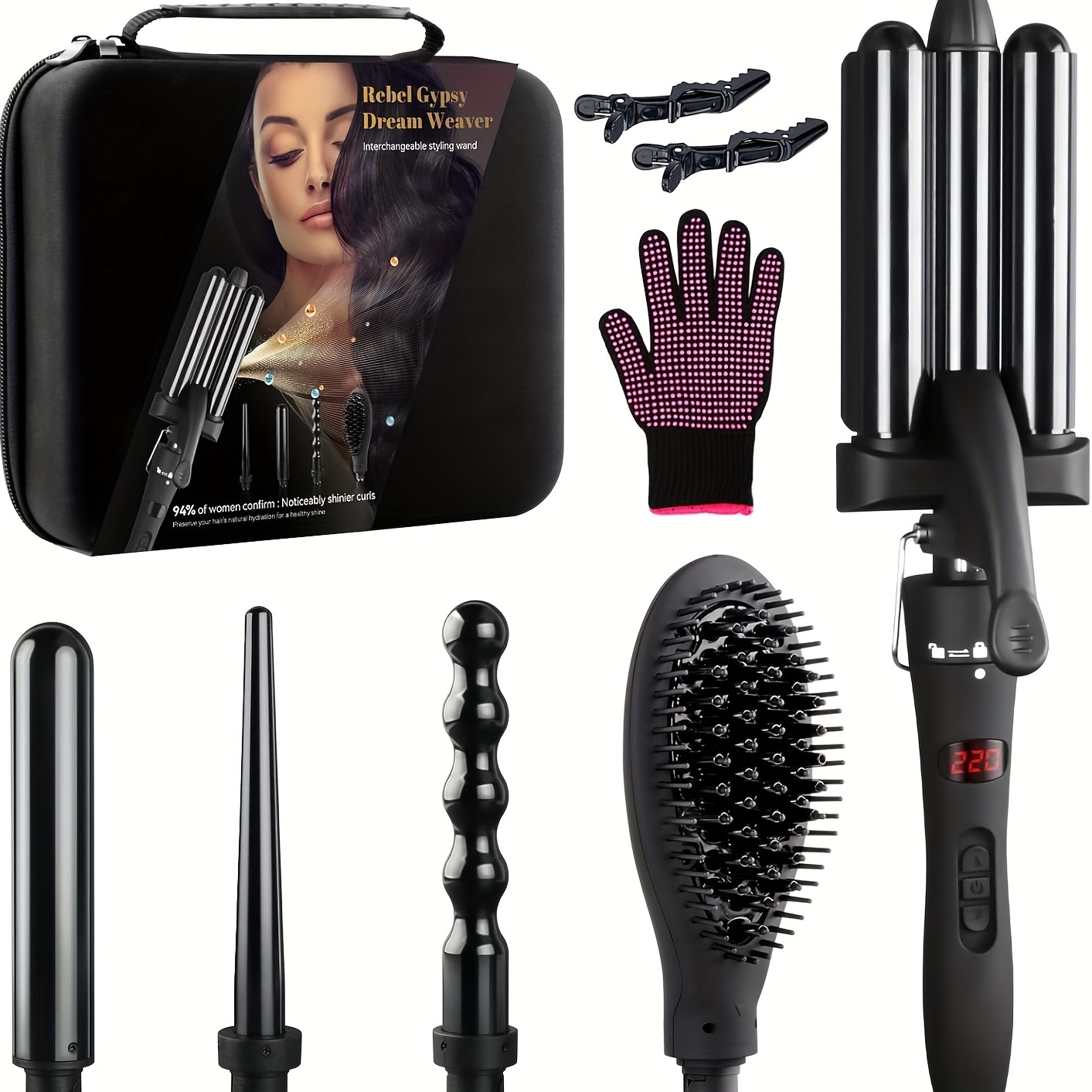 

Curling Iron Set 5 In 1 Curling Wand Waver Curling Iron & 3 Interchangeable Barrel With Hair Straightener Comb, With Ptc Instant Heat Up & Intelligent Led Display