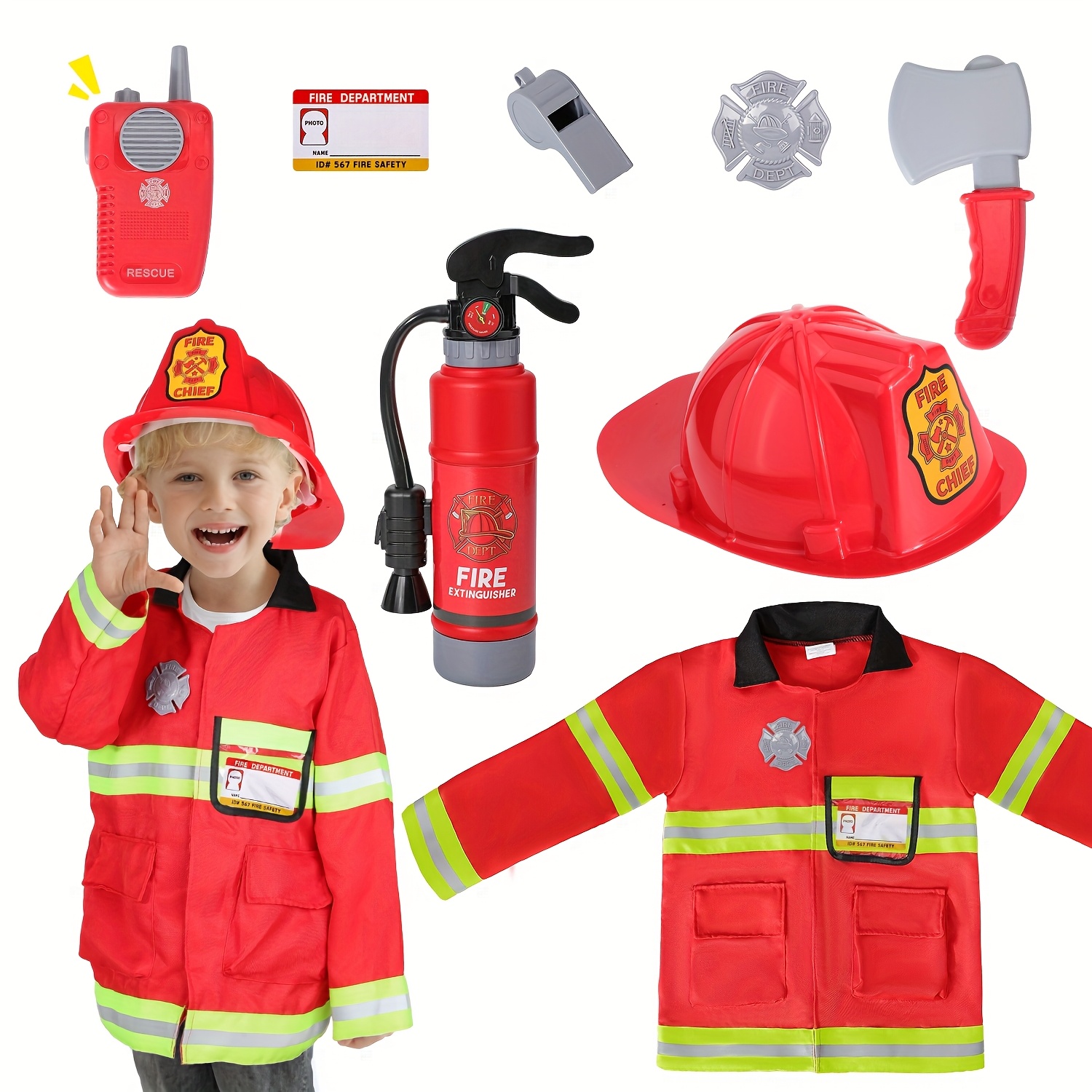 firefighter costume for 5, dress up set with fire extinguisher