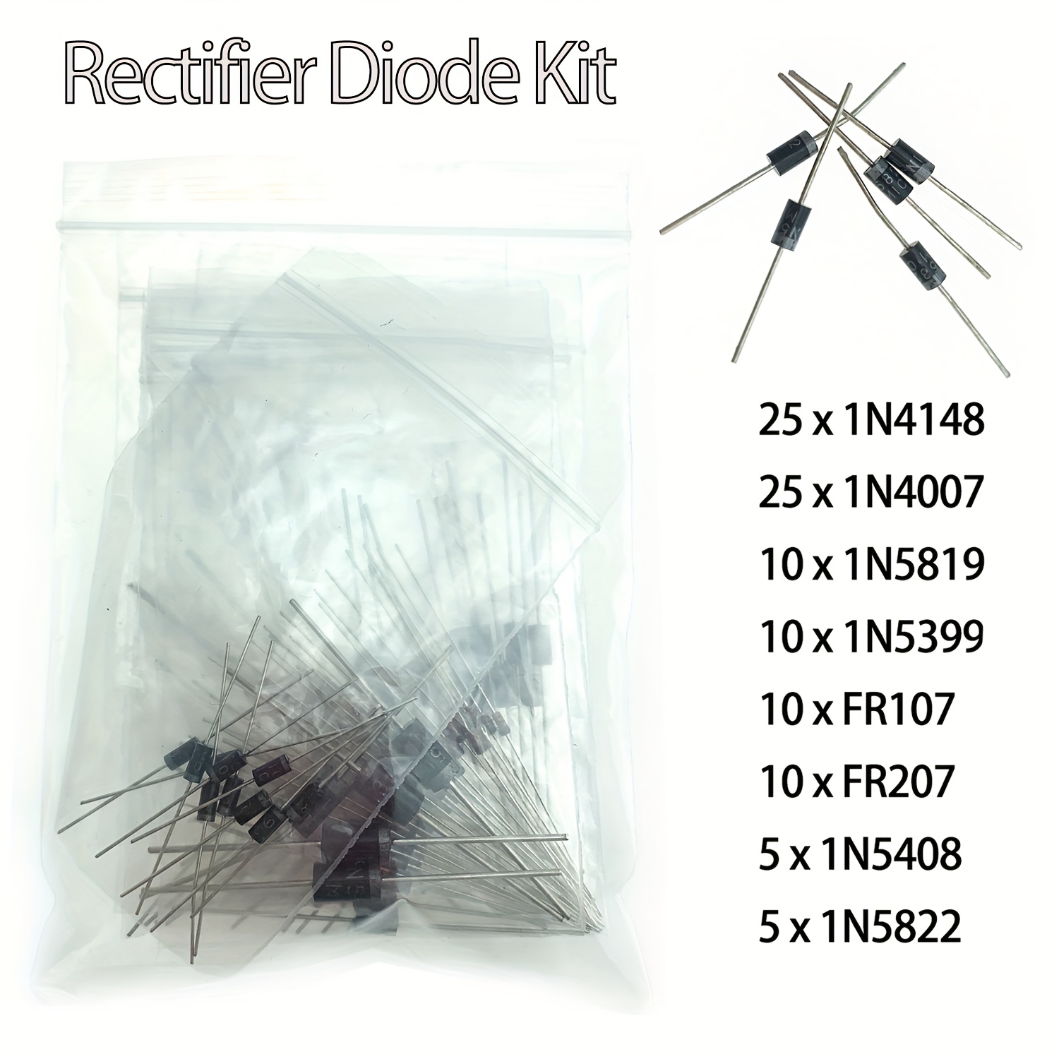 

100pcs Kit - 8 Varieties (1n4007, 1n4148, 1n5819, 1n5399, 1n5408, 1n5822, Fr107, Fr207) | Metal Construction | Ideal For Electronics Projects & Diy | 36v Max, Kit|clear Packaging| Metal