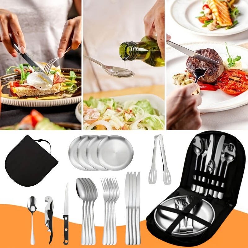 21pcs portable cutlery set durable outdoor   stainless steel camping utensils with steak knives dinner forks plates soup spoons bottle opener tongs storage bag dishwasher safe reusable for travel backpacking camping parties and   Product details 2