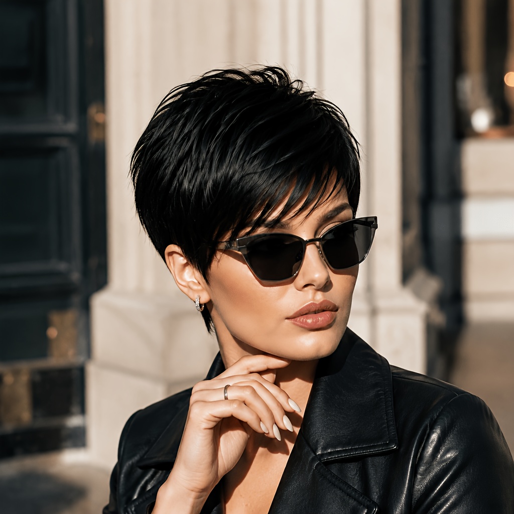 TEMU Perruque courte elfe asymétrique noire tendance pour femmes, frange latérale, cheveux courts épais à couches, pour , un look et élégant