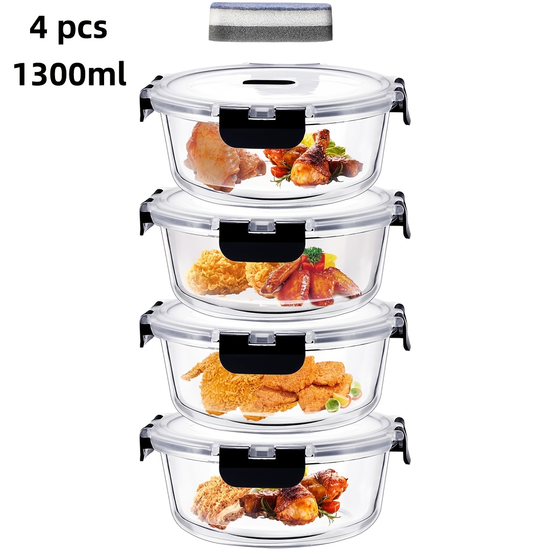TEMU Collection Of 4 Microwave-friendly Dishes With Covers, Glass Bowls, Circular Meal Preparation Containers, Storage Solutions, Spacious Glass