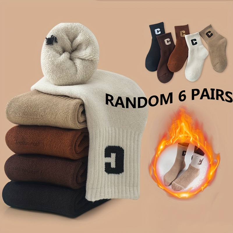 Image of 6 Pairs Of Boys' And Girls' Winter Fleece-lined Thickened Warm Terry Socks Mid-tube Floor Socks Random Colors