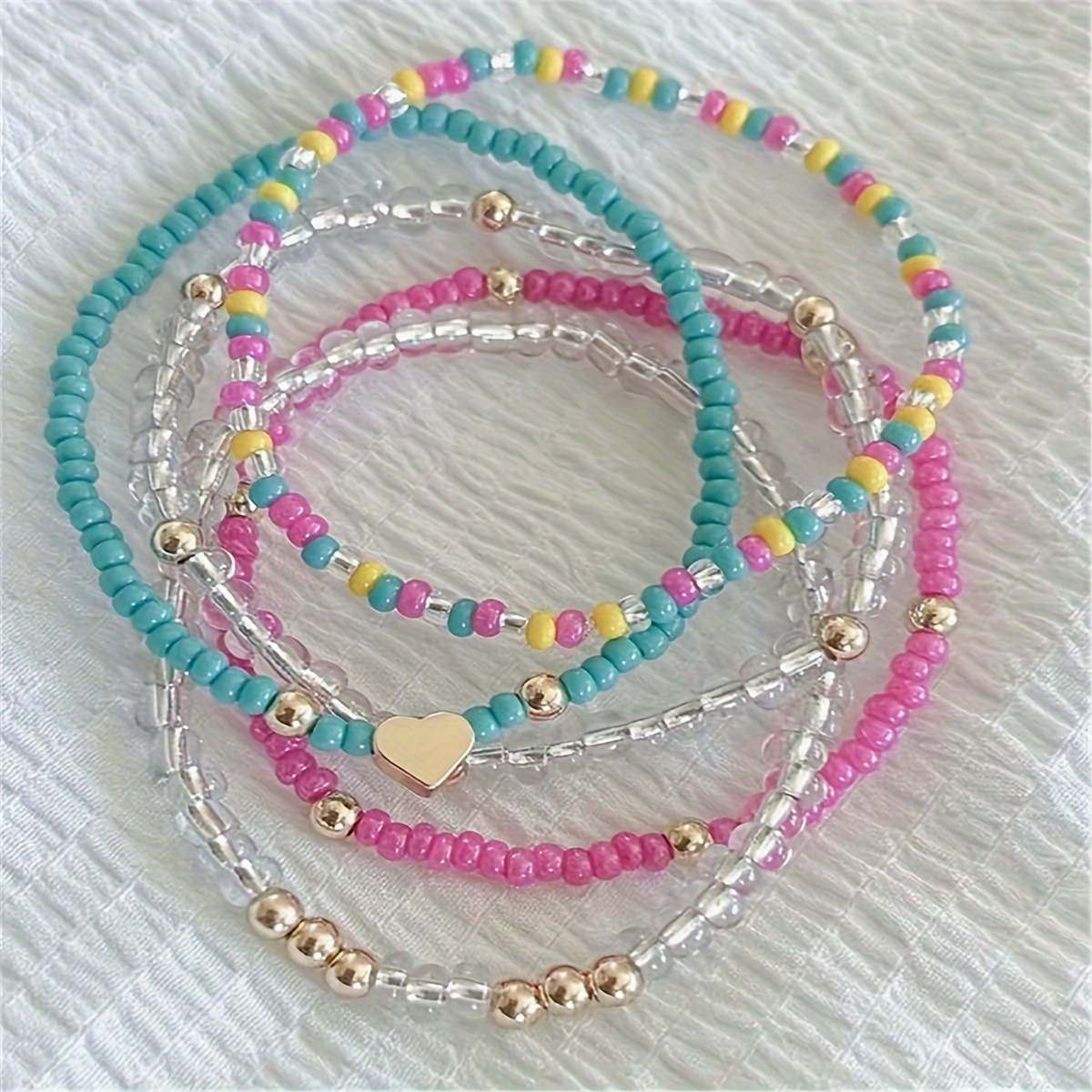 Image of 5pcs/set Simple Heart Beaded Elastic Bracelets, Suitable For Women And Girls Gifts