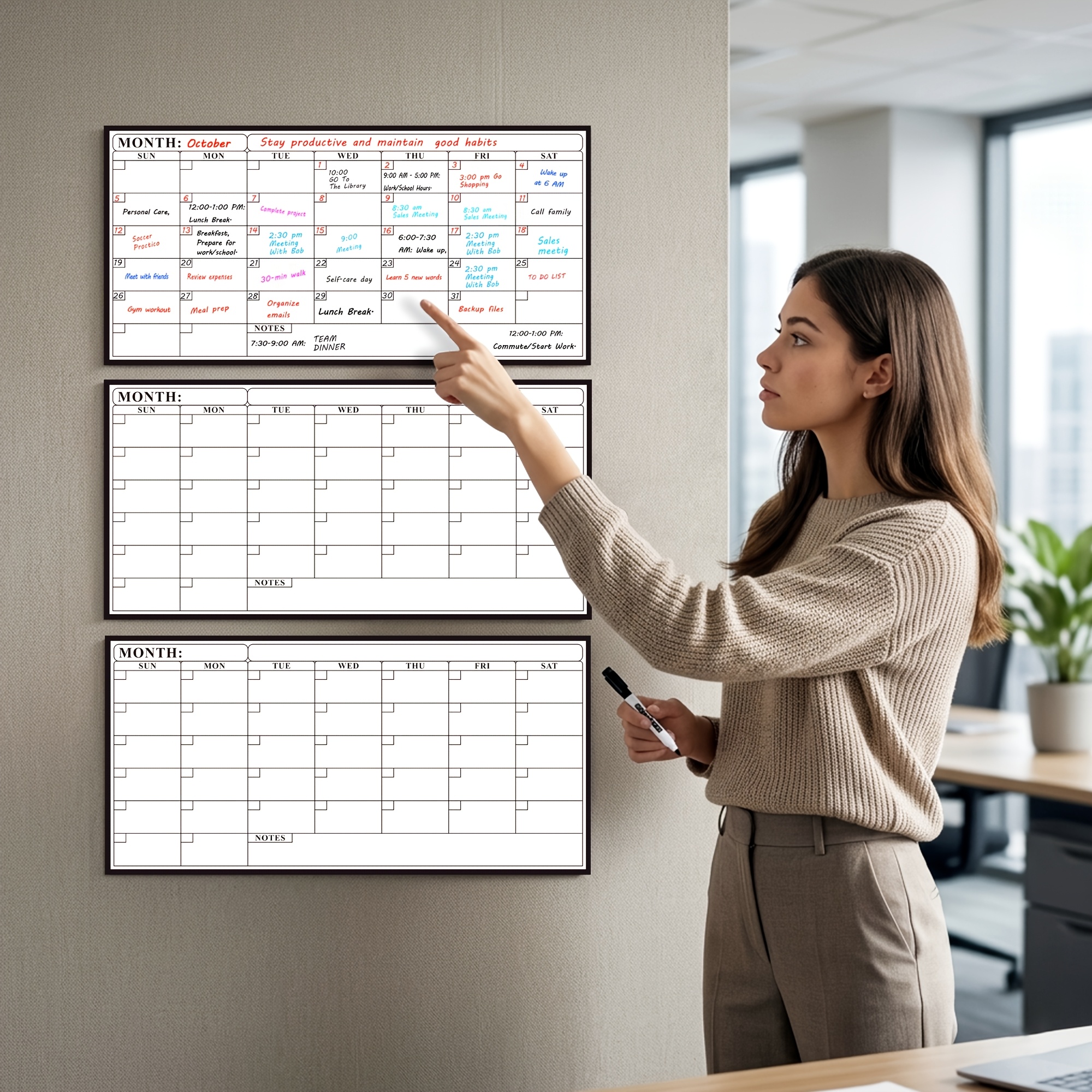 TEMU Lot de 3 calendriers murales mensuels effaçables à sec, 25,6 x 12,6 pouces, planificateur mensuel réutilisable non daté sur blanc, grandes cases