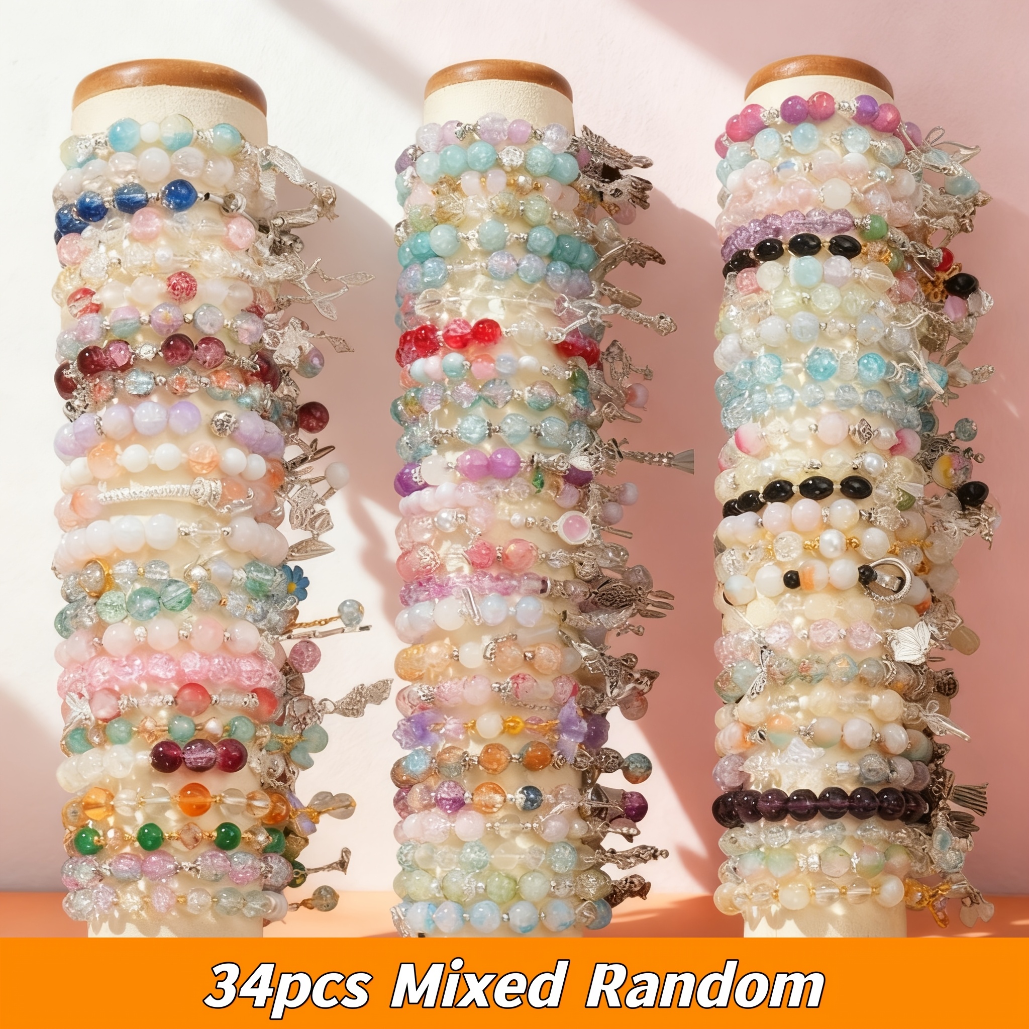 TEMU 34pcs Bead Random Colors Bracelet Set For Women - Featuring Floral And Charms, Perfect For Valentine's Day, Birthdays Gift - Suitable For Wear