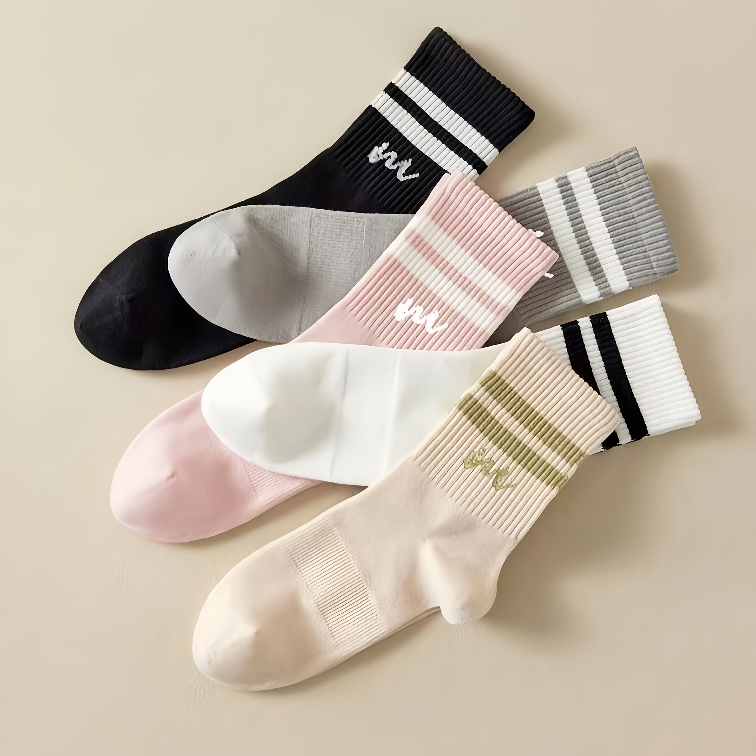 TEMU Pack de 5 Calcetines de Media Caña para Mujer, de Color Sólido con Rayas y Dos Barras, Casuales, Versátiles, Cómodos, Transpirables y a