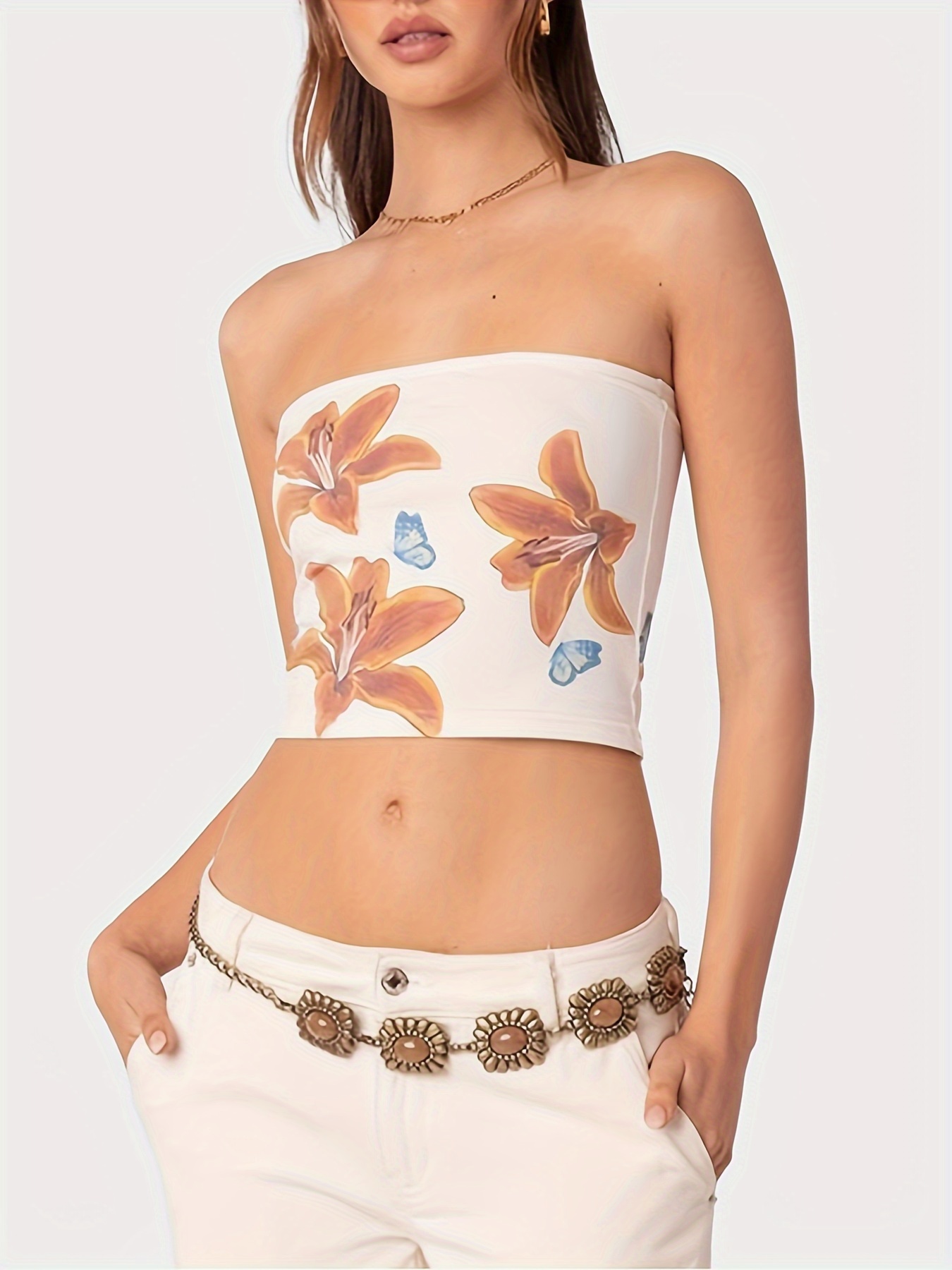 Women's Strapless/One-Shoulder Off-Shoulder Top Sexy Boho-Chic Beige  Brown Floral Print Tube Top with Greek Key-like Accent, Lightweight Summer  Bl
