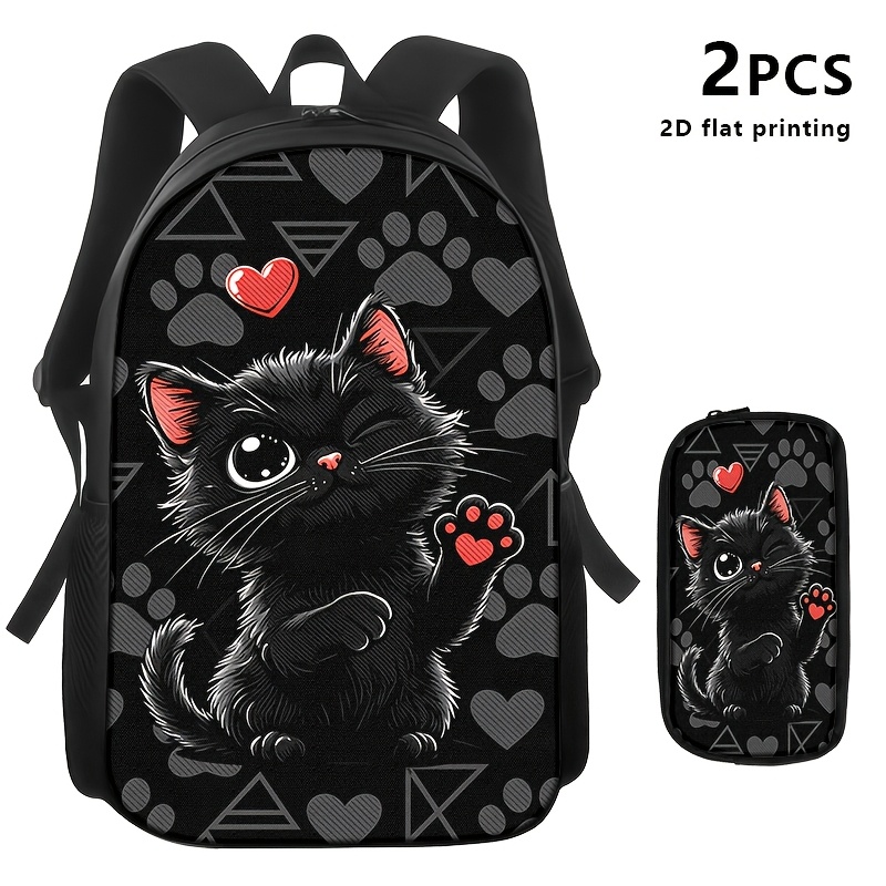 TEMU 1pc/2pcs/3pcs Black Backpack, Shoulder Bag & Pouch With A Black Cat, Red Hearts, Gray Paw S & Geometric Triangles; Ideal For Daily Commuting,