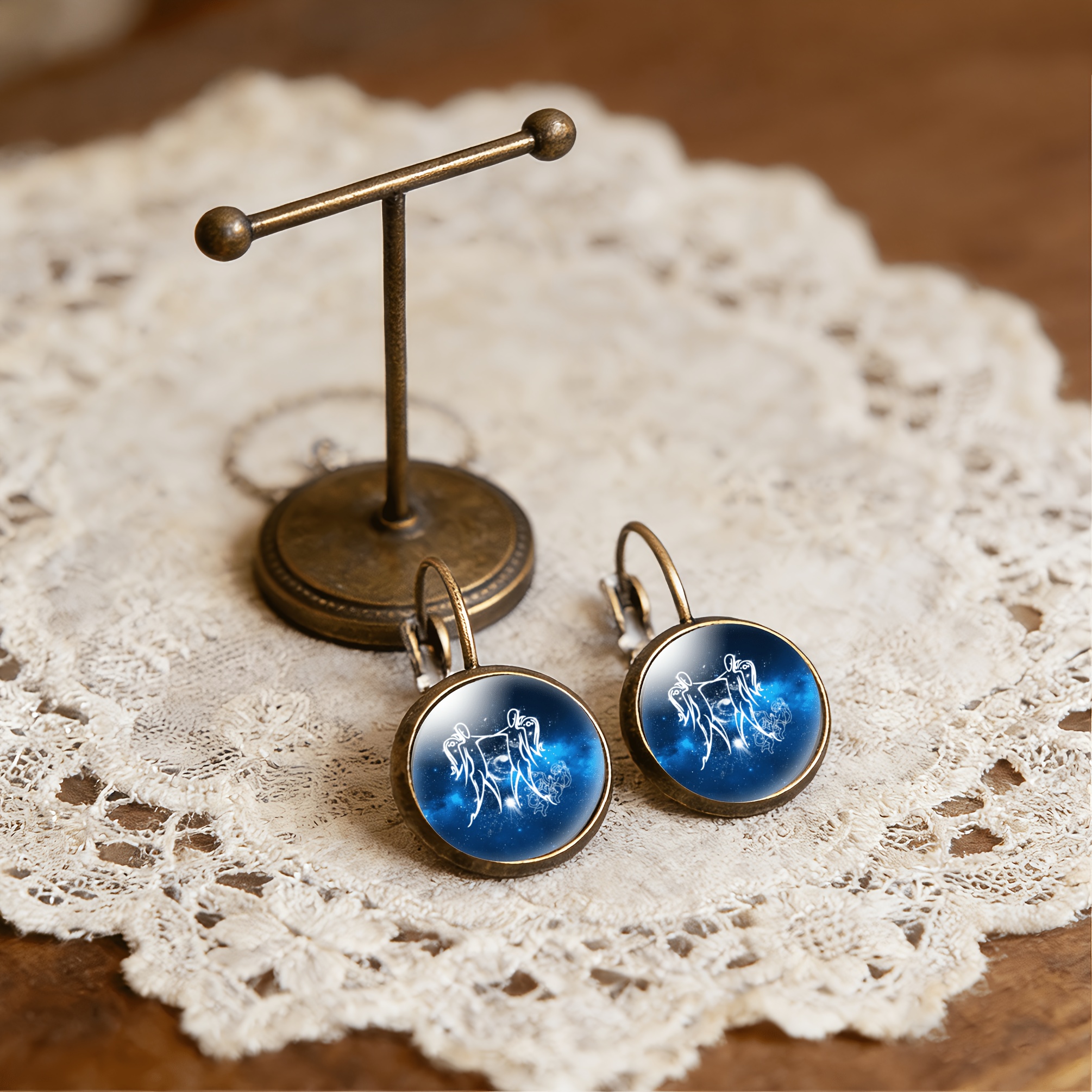 2pcs Teal Round Classical Earrings Set, Gemini Constellation Design