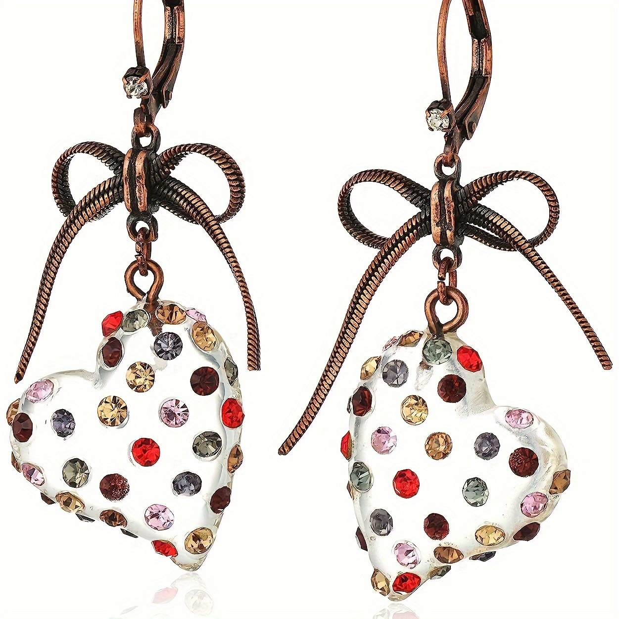 

Elegant Heart-shaped Pendant Earrings With Crystal Mosaic And Bow Tassel - Uv Plated Alloy, And Gifting, 1 Pair, Classic, Suitable For Ladies