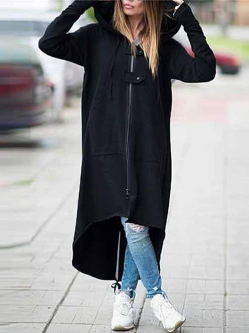 womens chic black long windbreaker coat with zipper and dual pockets casual warm polyester machine washable solid color retro style weatherresistant coat hooded windbreaker zipper closure