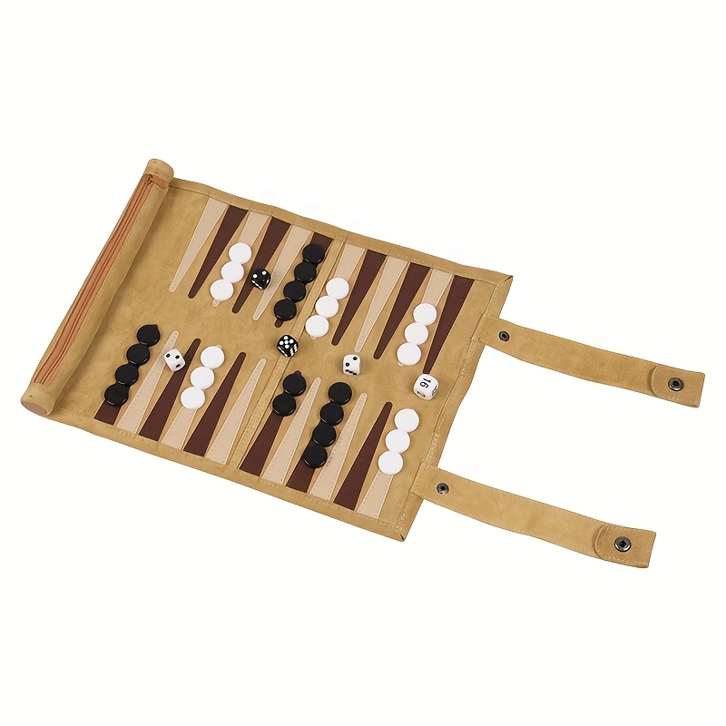 Image of 1 Set Of Brown Cowhide Leather Backgammon Rolled Up & Double Buckles Western 15 Black & 15 White 5 Dice For Home/outdoor Games For Family Gatherings, Business Gifts, Holiday Gifts