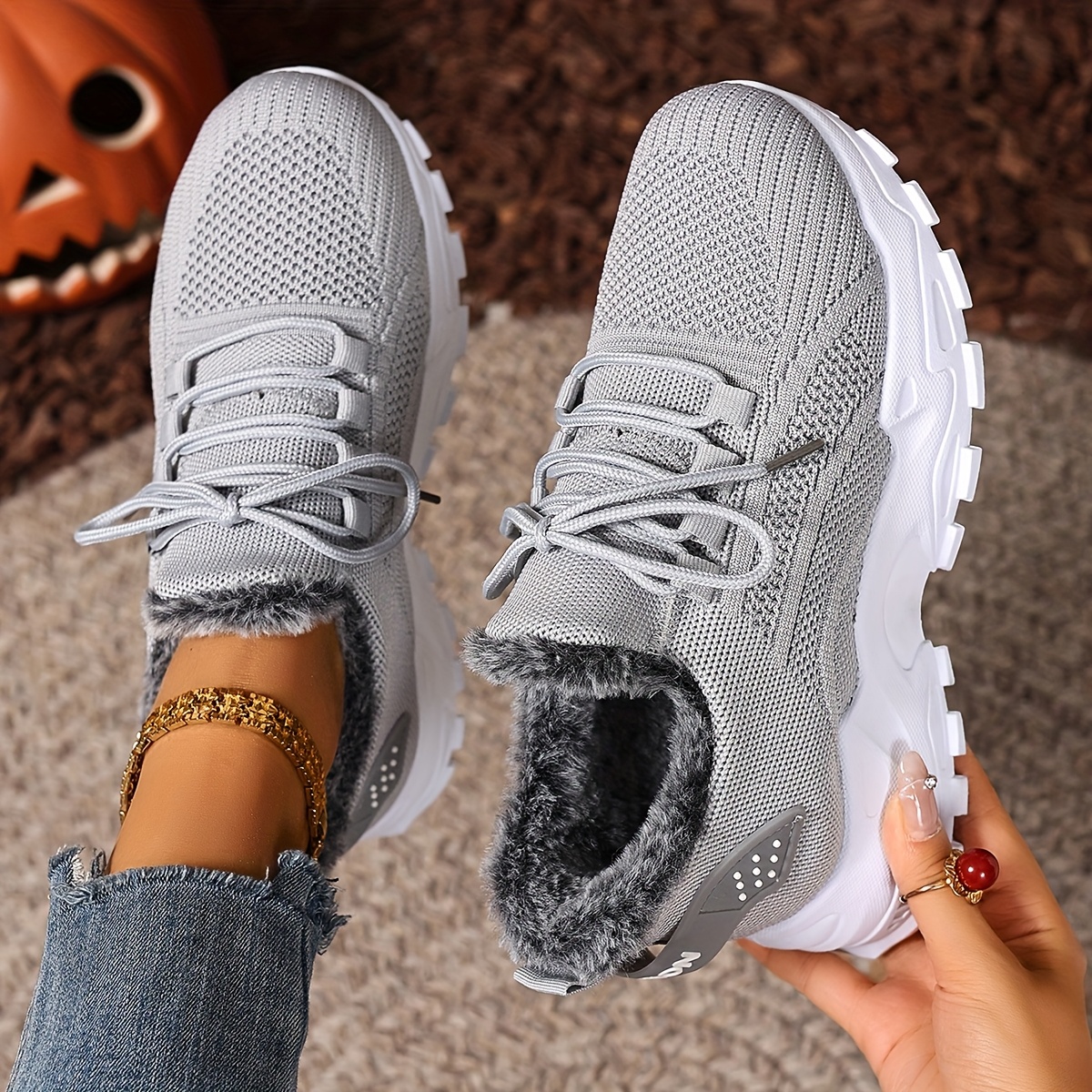 Plus Size Women's Warm Knitted Snow Sneakers for Outdoor Use